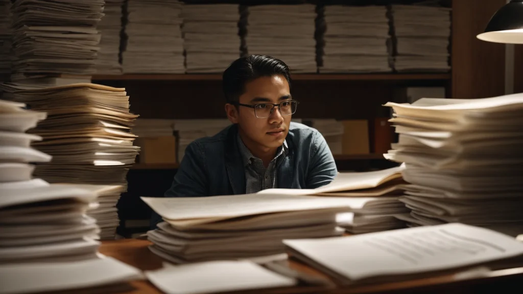 a focused shot of a determined individual seated at a desk, surrounded by stacks of claim documents and medical reports, illuminated by soft, warm light that highlights the intensity of their appeal process for a denied insurance claim.