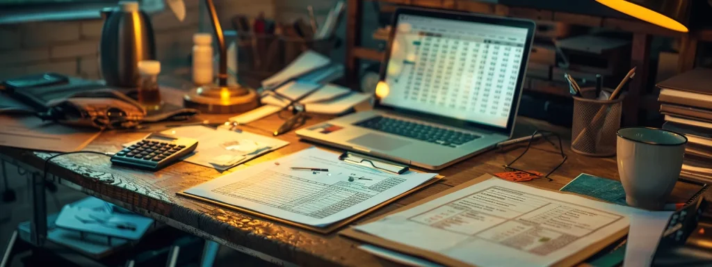 a focused shot of a meticulously organized workspace featuring a clipboard with repair quotes, a calculator, and a laptop displaying detailed damage assessments, illuminated by soft natural light for a professional, analytical ambiance.