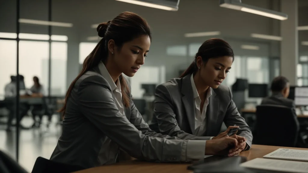 a focused workplace scene captures a concerned supervisor attending to an injured employee, with a bright office environment emphasizing urgency and teamwork in response to a crisis.