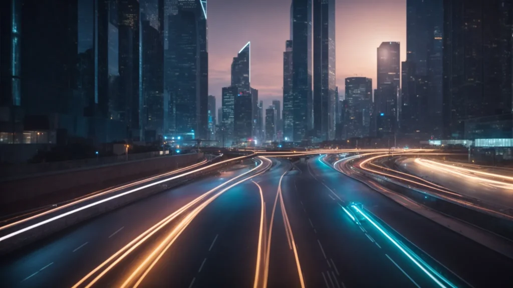 a futuristic cityscape at dusk features sleek, high-tech vehicles gliding along illuminated roads, symbolizing the evolution of vehicle safety regulations and technological innovation in defect prevention.