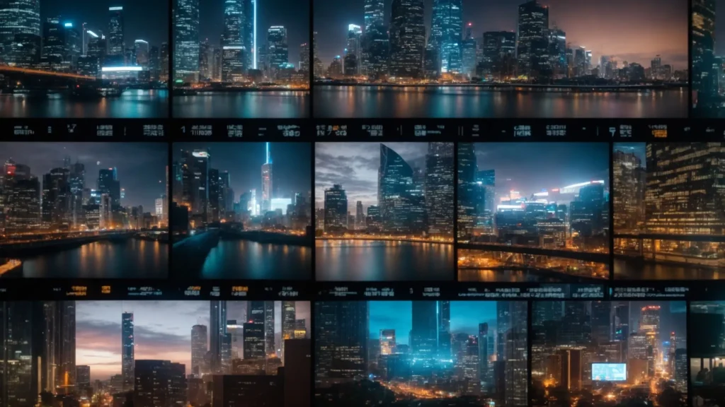 a futuristic cityscape illuminated by digital screens displaying dynamic attorney ratings and client reviews, symbolizing the evolution of legal representation in a tech-driven world.