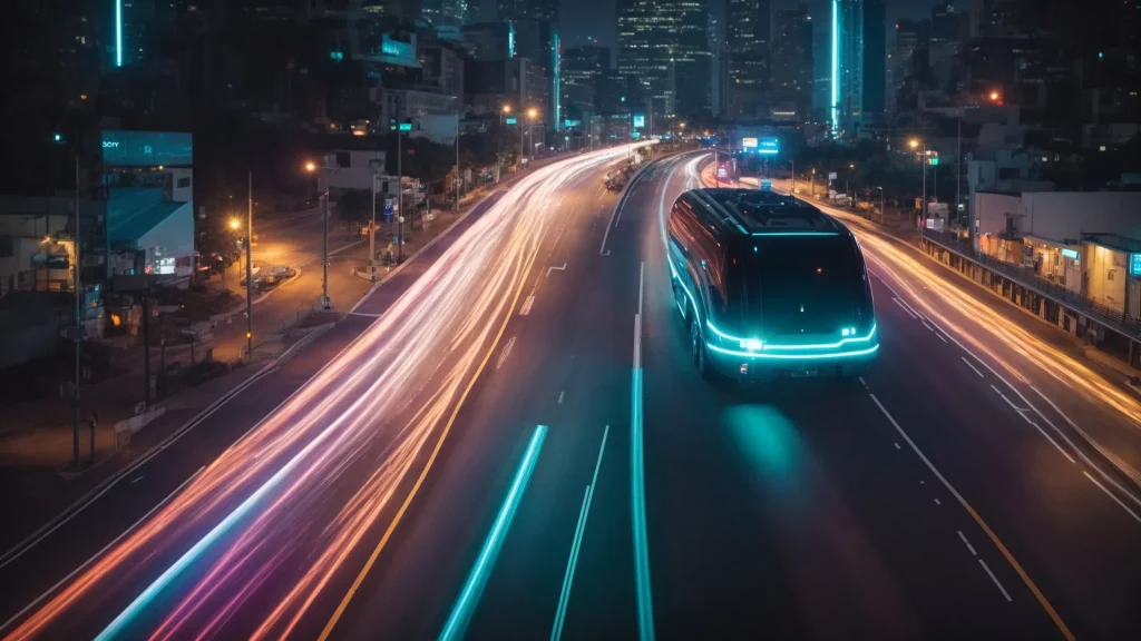 a futuristic road scene illuminated by vibrant city lights showcases autonomous vehicles navigating seamlessly through advanced traffic monitoring systems, symbolizing the evolution of traffic safety legislation and public awareness.