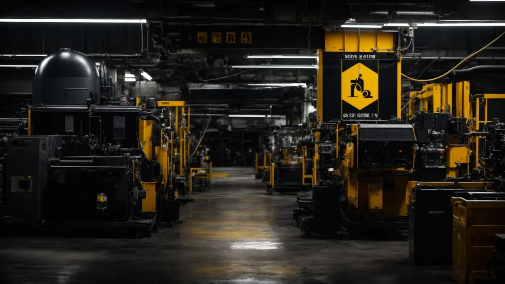 a high-contrast image of a factory floor, highlighting a robust machine surrounded by caution signs and safety gear, emphasizing the potential hazards of machinery-related injuries in a workplace environment.
