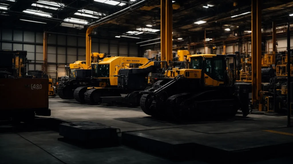 a high-contrast image of a well-lit industrial workshop, showcasing a meticulously maintained piece of heavy machinery surrounded by prominently displayed personal protective equipment, emphasizing a commitment to safety and operational excellence.