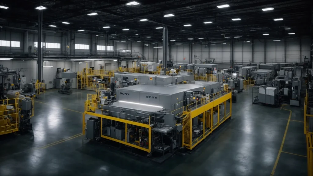 a high-tech industrial maintenance facility glows under bright overhead lights, showcasing a team of professionals meticulously inspecting large, complex machinery, emphasizing safety and efficiency in a sterile, organized environment.