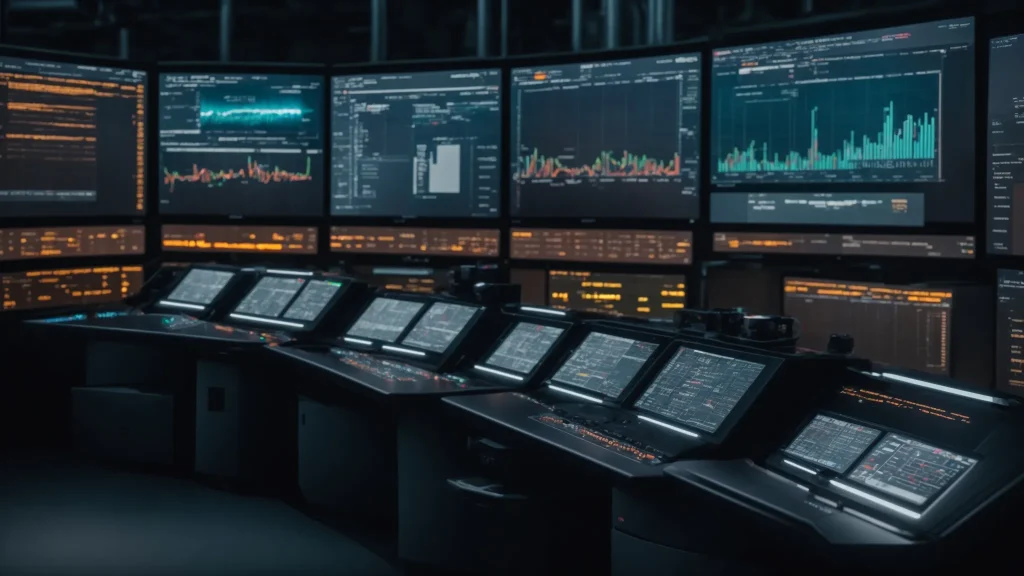a high-tech industrial setting showcasing advanced equipment surrounded by digital dashboards displaying key performance indicators and analytics, illuminated by soft overhead lighting that highlights the precision and efficiency of preventive maintenance strategies.