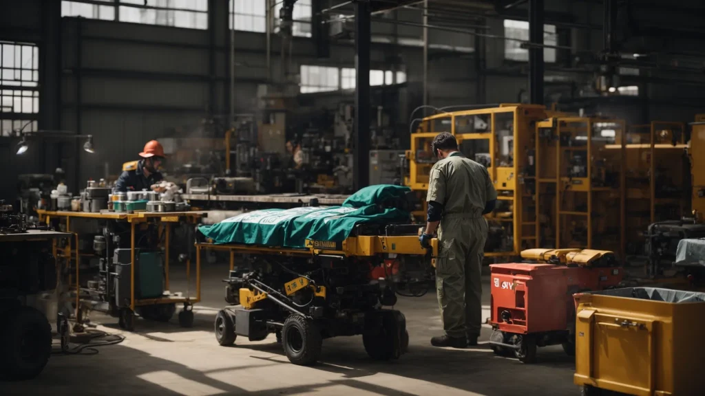 a meticulous first aid station set against the backdrop of a bustling machinery workshop, highlighting a paramedic tending to an injured worker with heavy equipment in the background, bathed in warm, natural light to evoke a sense of urgency and care.