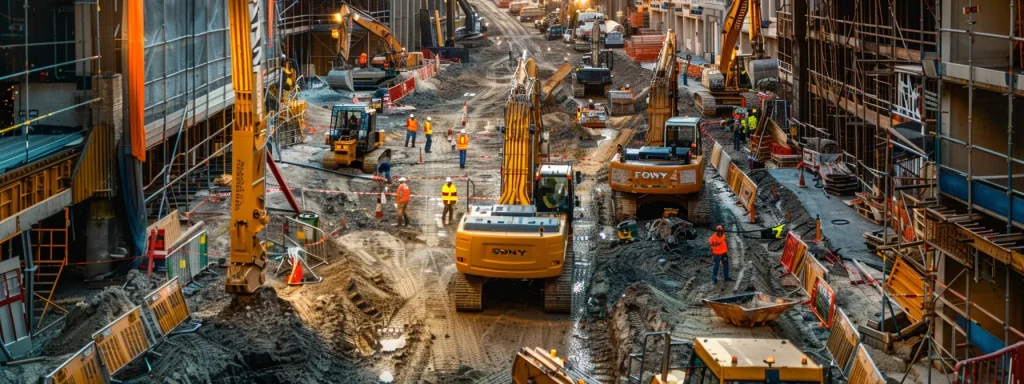 a panoramic view of a construction site showcasing heavy machinery in action, with workers diligently following safety protocols, surrounded by clear signs of teamwork and communication under bright, natural lighting.