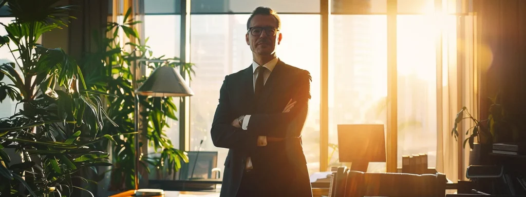 a poised attorney stands confidently in a sunlit office, surrounded by glowing certificates and client testimonials, symbolizing the power of reputation management in the legal profession.