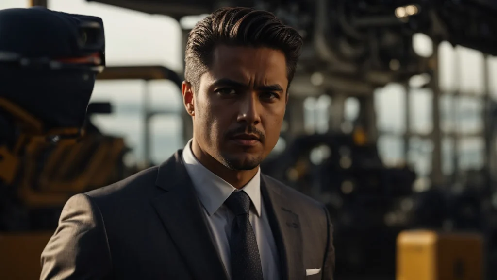a powerful close-up of a determined attorney standing in front of heavy machinery, with dramatic lighting emphasizing their confident stance as they prepare to advocate for clients affected by industrial accidents.