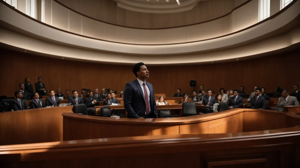 a powerful courtroom scene captures a confident attorney passionately presenting a compelling argument, exemplifying the triumph of justice in personal injury claims against a backdrop of intense support and determination from a diverse audience.