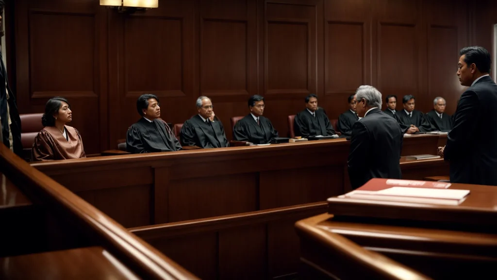 a powerful courtroom scene capturing the tense moment of a traffic accident litigation, with a judge presiding over a case file illuminated by dramatic overhead lighting, emphasizing the weight of traffic safety laws on the legal process.