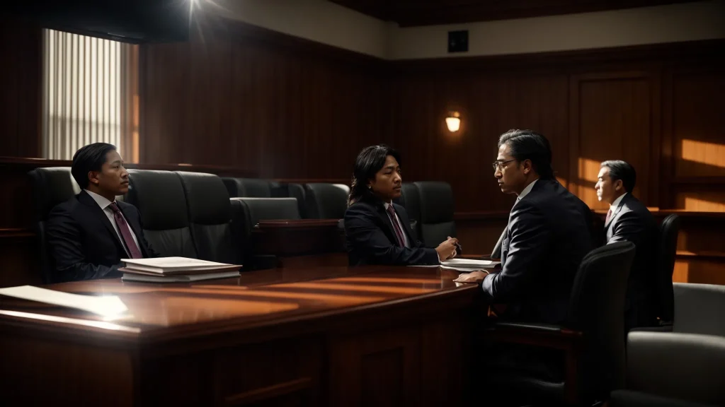 a powerful courtroom scene illuminated by dramatic lighting captures a focused attorney presenting a compelling case on workplace injury settlements, emphasizing the gravity of compensation and justice.