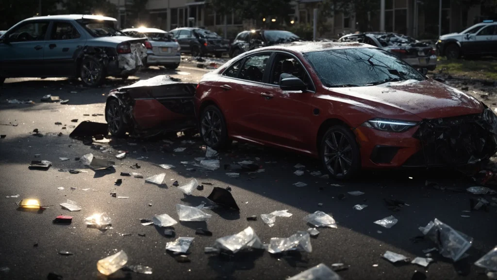 a powerful, high-resolution image captures a chaotic auto crash scene with shattered glass, crumpled vehicles, and scattered evidence markers, illuminated by the stark light of a police flashlight, emphasizing the urgency and importance of gathering crucial evidence for personal injury claims.