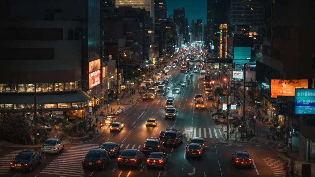 a powerful image captures a bustling city intersection at dusk, illuminated by vibrant traffic lights and headlights, where a police officer monitors vehicles, symbolizing the gravity of traffic violations and their legal consequences.