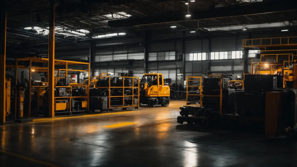 a powerful image captures a bustling industrial workspace, illuminated by stark overhead lights, showcasing a forklift and conveyor belt in action, reflecting the urgency and risks associated with machinery operations.