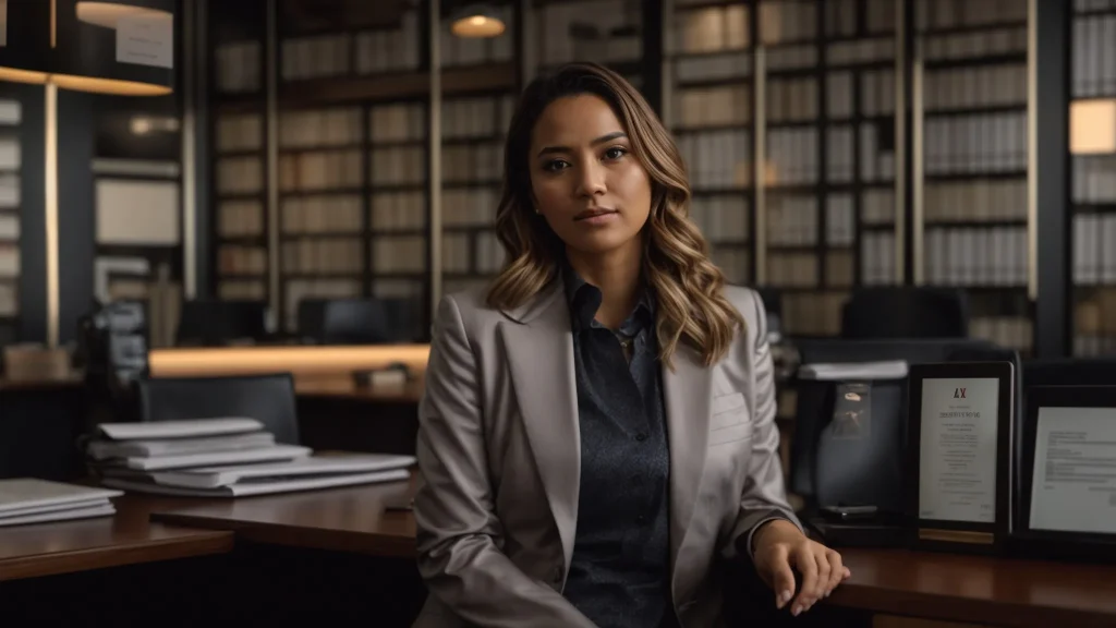a powerful image of a confident lawyer in an office filled with awards, prominently displaying glowing client testimonials on the wall, embodying success and trust in legal representation after car accidents.