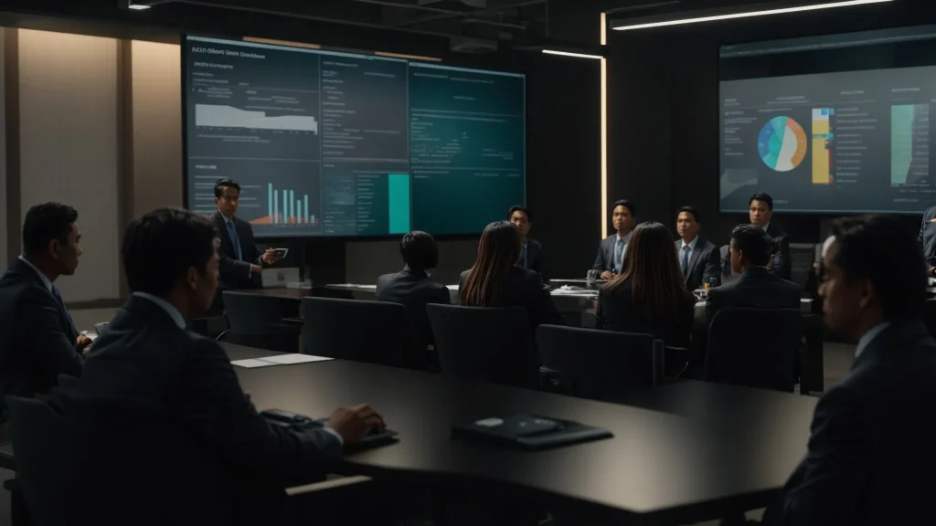 a powerful image of a well-organized workplace safety meeting, with a diverse group of professionals attentively discussing a large, detailed safety report displayed on a screen, illuminated by soft overhead lighting that emphasizes the seriousness of the moment.