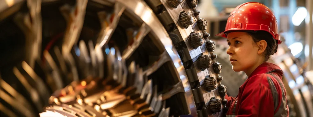 a powerful industrial scene captures a close-up of a worker focusing intently on complex machinery, illuminated by soft, diffused natural light that highlights the intricacies of the equipment, symbolizing the importance of safety and awareness in the workplace.