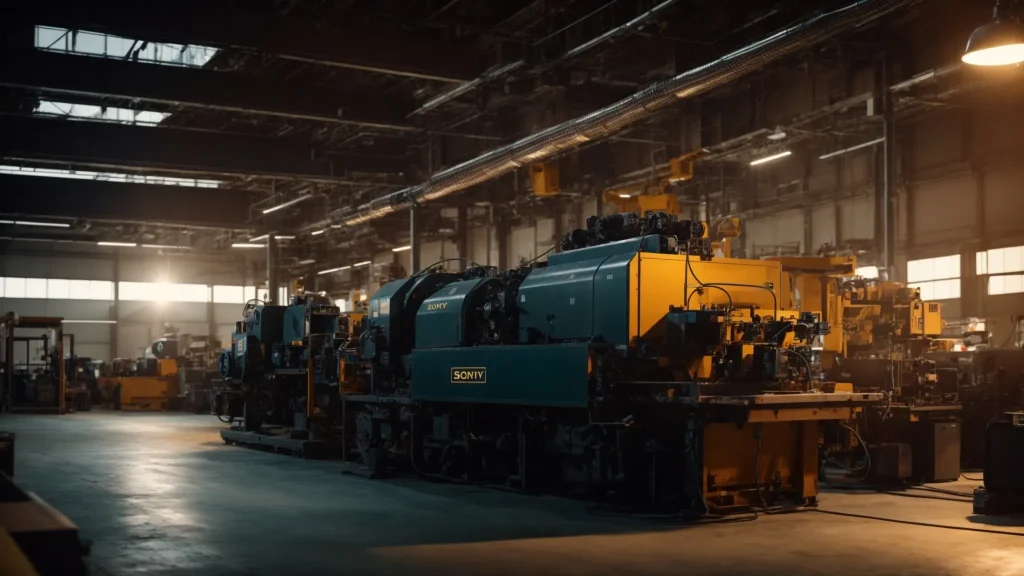 a powerful scene depicting a modern industrial workspace, with robust machinery operating safely under the warm glow of overhead lights, symbolizing the commitment to osha regulations and a culture of workplace safety.