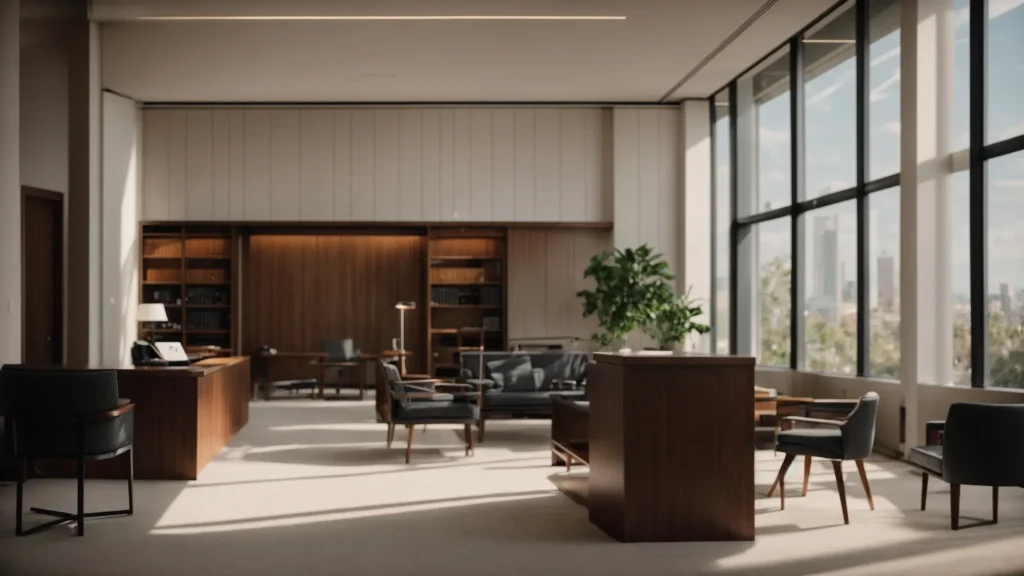 a professional attorney's office is illuminated by soft, natural light, showcasing a confident lawyer presenting a detailed case file to a concerned client, symbolizing the importance of informed decision-making in choosing legal representation after an auto crash.