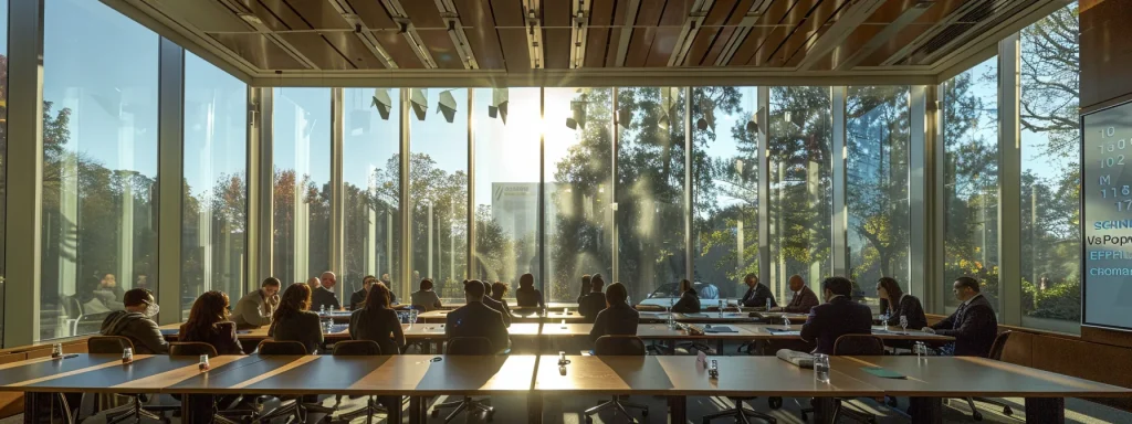 a professional meeting room is filled with engaged individuals discussing auto insurance claims, illuminated by warm, natural light streaming through large windows, conveying a sense of collaboration and clarity in navigating important financial matters.