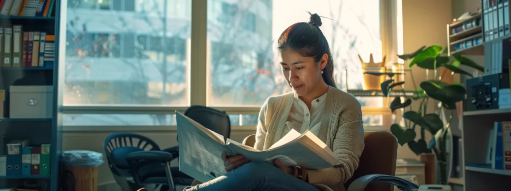 a resilient injured worker sits in a bright office environment, surrounded by empowering resources like legal pamphlets and counseling brochures, symbolizing hope and support in their recovery journey.