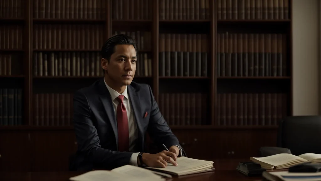 a resolute crash attorney stands confidently in a sunlit law office, surrounded by case files and legal books, emphasizing their pivotal role in advocating for accident victims' rights.