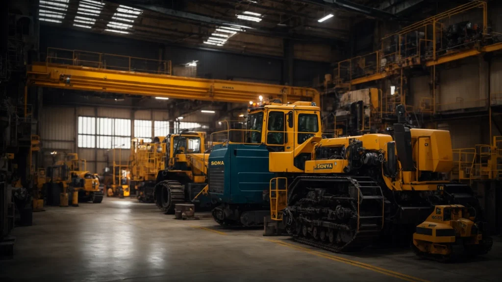 a rugged industrial workshop bathed in warm, diffused light showcases towering heavy machinery, emphasizing the importance of safety protocols with visible caution signs and a backdrop of carefully organized safety equipment.