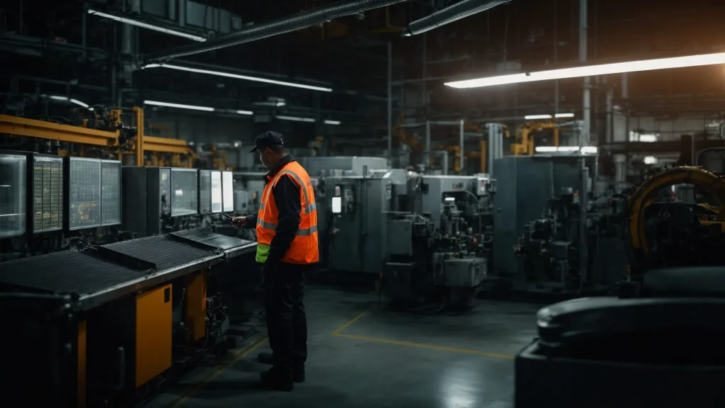 a safety-conscious technician inspects well-maintained industrial machinery, illuminated by bright overhead lights, while a digital screen displays real-time maintenance data, emphasizing a culture of workplace safety and efficiency.