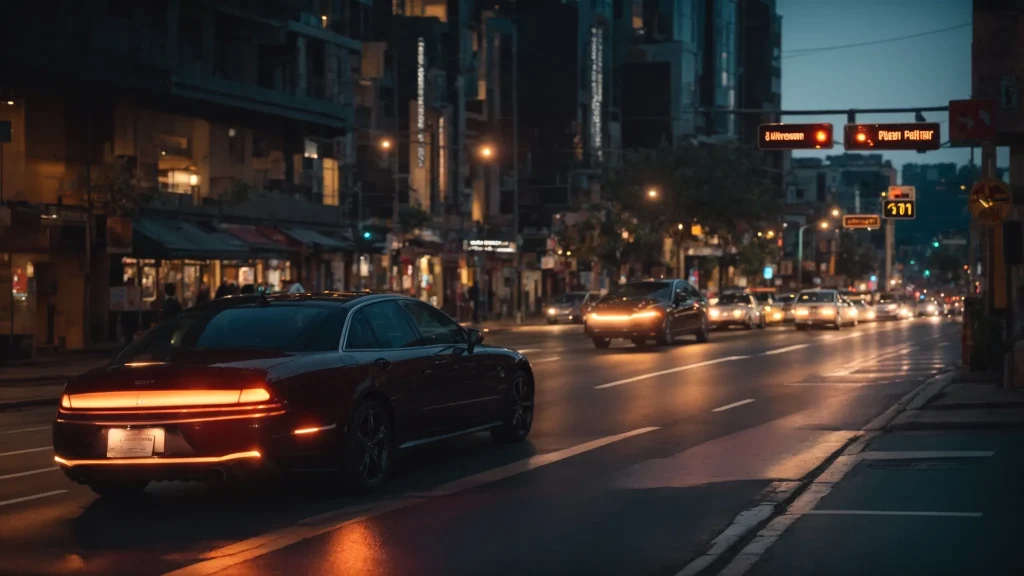 a serene city street at dusk, with illuminated traffic signs and a subtle flow of vehicles, symbolizing the importance of understanding traffic laws for safety and legal awareness.