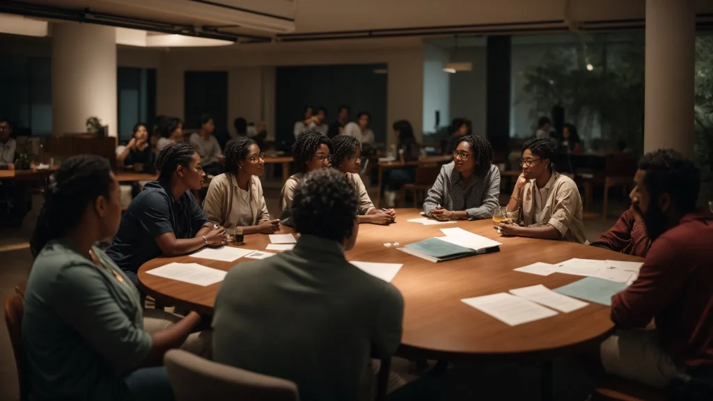 a serene community workshop setting, illuminated by warm ambient light, showcases individuals engaged in a collaborative discussion about legal resources, surrounded by informative materials and a supportive atmosphere.