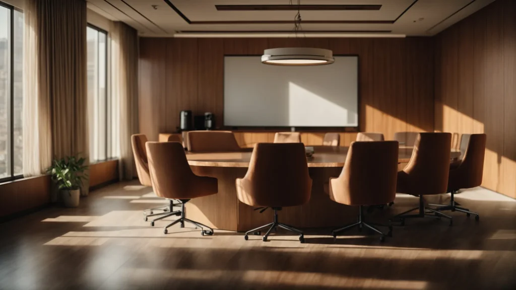 a serene conference room bathed in warm light, where individuals engaged in mediation sit around a round table, collaboratively discussing concerns related to motorcycle accident claims, embodying a spirit of cooperation and hope for resolution.