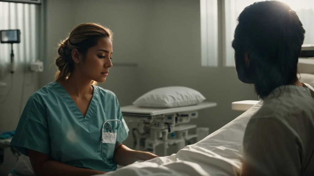 a serene hospital room bathed in soft, natural light, featuring an injured worker receiving compassionate care from a supportive medical team, symbolizing the critical recovery process after a machinery injury.