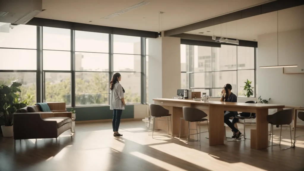 a serene medical consultation room filled with natural light, featuring a patient discussing various financing options for medical expenses with a compassionate healthcare provider, symbolizing hope and support for injured workers.