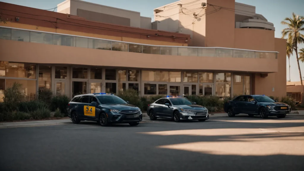 a serene scene of a local law enforcement station, bathed in warm morning light, where a diverse group of drivers attentively reviews an illuminated digital screen displaying car accident reporting guidelines.