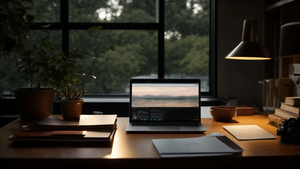 a serene scene of a well-organized workspace featuring a laptop, documents, and a notepad illuminated by soft natural light, symbolizing the process of independently navigating the complexities of settling a car accident.