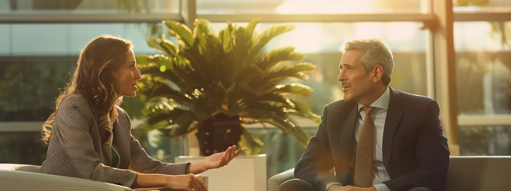 a sharp, focused image of a specialized attorney confidently discussing a case with a client in a modern office, illuminated by soft, natural light that highlights their professional rapport and conveys a sense of strong support and trust.