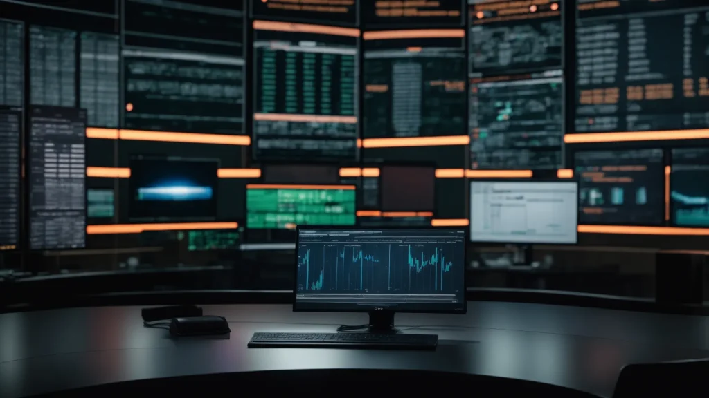 a sleek, modern factory control room illuminated by soft, ambient lighting showcases large digital screens displaying real-time analytics and maintenance data, embodying the future of efficient and innovative preventive maintenance tools.