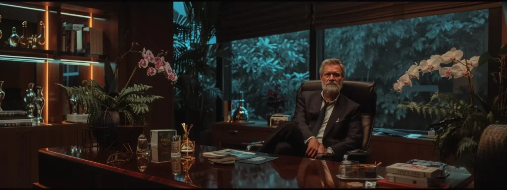 a sleek, modern office with a confident attorney sitting at a polished desk, illuminated by soft, natural light streaming through a large window, surrounded by glowing review ratings and testimonials, symbolizing the profound impact of client feedback on legal representation choices.