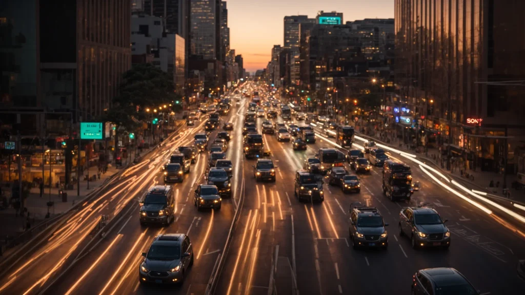 a sleek montage of diverse vehicles navigating a bustling city intersection at sunset, illuminated by the warm glow of streetlights, symbolizing the intricate network of traffic safety laws that govern safe travel.