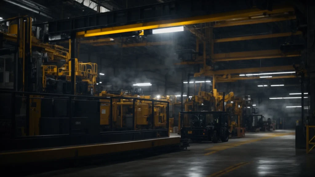a solemn factory environment illuminated by harsh overhead lights, showcasing a protective safety barrier next to a gleaming, idle machine, symbolizing the critical intersection of workplace safety and legal responsibility.