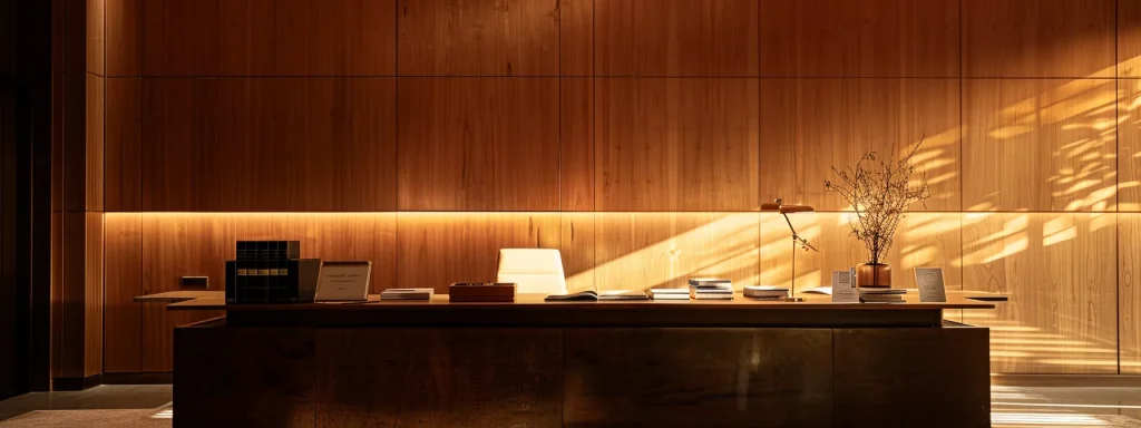 a solemn legal office bathed in soft, ambient lighting, featuring a large wooden desk scattered with legal documents and a prominently displayed workers&rsquo; compensation guide, symbolizing the support and protections available for injured workers navigating workplace injury laws.