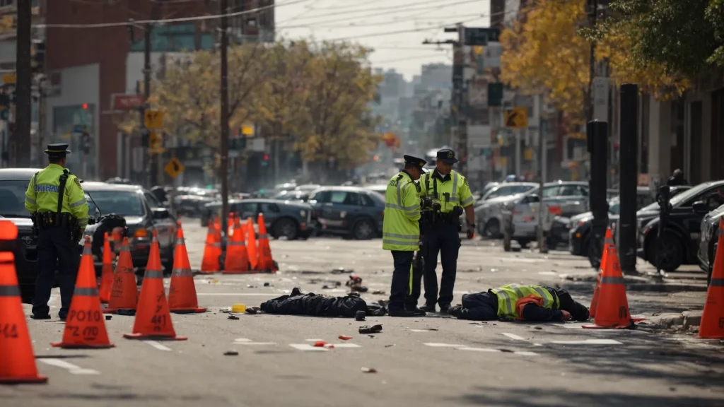 a solemn urban street scene captures a pedestrian accident aftermath, featuring emergency responders assessing the area while evidence markers and scattered personal belongings highlight the urgency of immediate documentation and care.