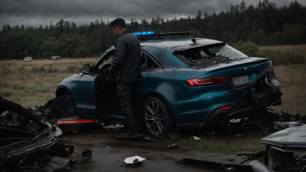 a somber, atmospheric scene captures the aftermath of a car crash, with a police officer examining the wreckage under dramatic overcast skies, evoking the gravity of negligence and the importance of documentation in the pursuit of justice.