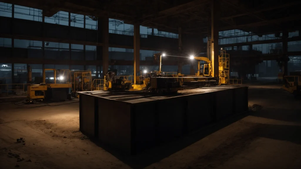 a somber construction site scene, illuminated by the harsh glow of an overhead light, showcases an empty machinery operator's station, symbolizing the stark impact of workplace injuries on productivity and employee morale.