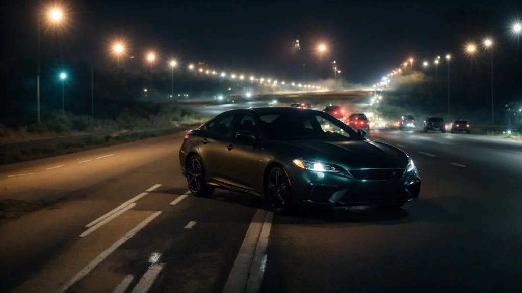 a somber highway scene at twilight captures a crumpled car surrounded by emergency lights, symbolizing the urgency and complexities surrounding state-specific statutes of limitations for car accident claims.