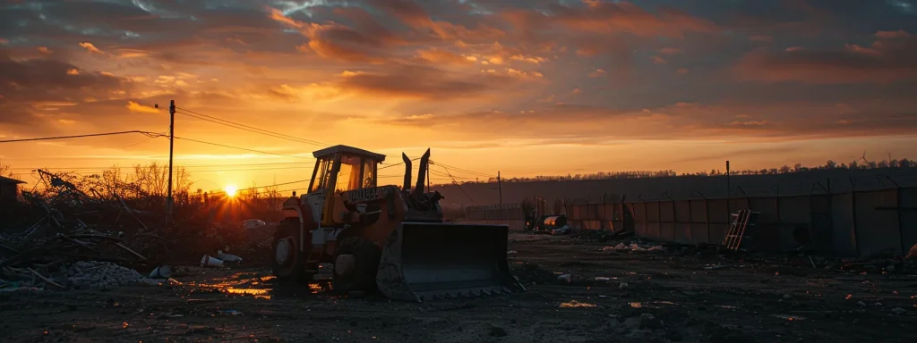 a somber industrial scene captures the desolate aftermath of a heavy equipment accident, with abandoned machinery silhouetted against a fading sunset, evoking the emotional and physical toll on workers.