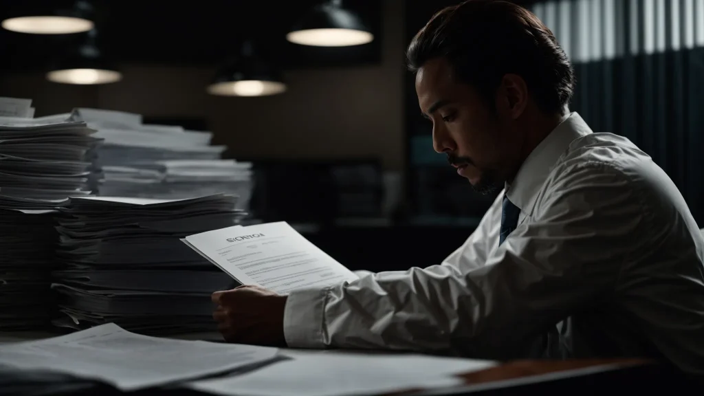 a somber office setting with an insurance adjuster reviewing a stack of medical records, the stark contrast of dim lighting emphasizing the tension in the air, symbolizing the weight of sensitive information and the critical nature of fair compensation.
