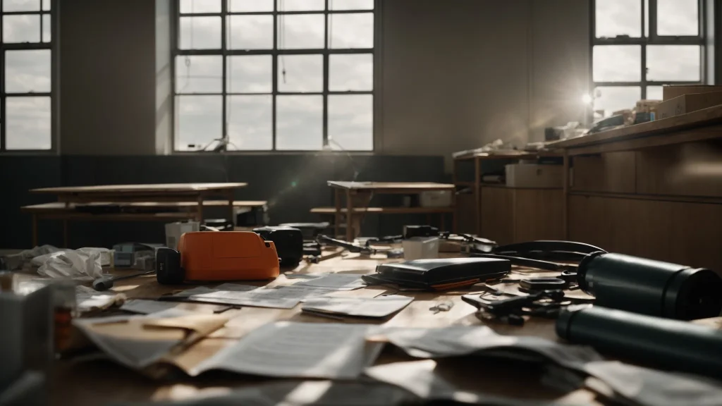 a somber scene captures a workplace accident site, with scattered medical documentation and tools reflecting the urgency of injury assessment, bathed in soft, natural light that underscores the gravity of the situation.